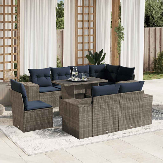 9-teiliges Gartensofa-Set mit Kissen, grau, Polyrattan