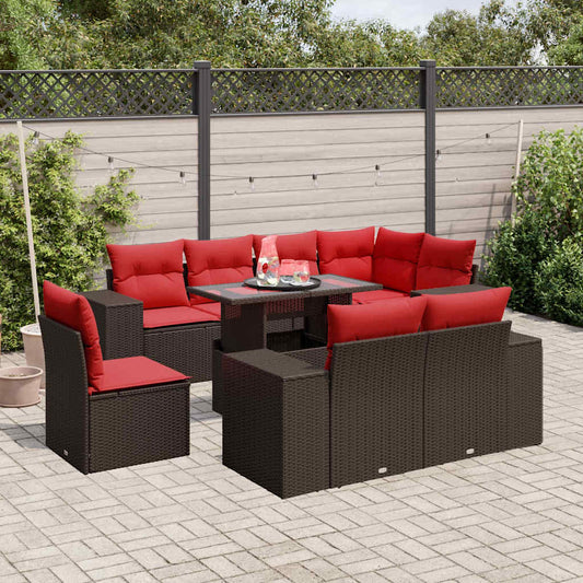 9-teiliges Gartensofa-Set mit Kissen, braun, Polyrattan
