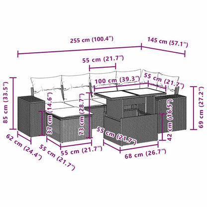 7-teiliges Gartensofa-Set mit Kissen, schwarzes Polyrattan