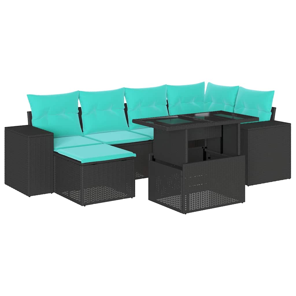 7-teiliges Gartensofa-Set mit Kissen, schwarzes Polyrattan