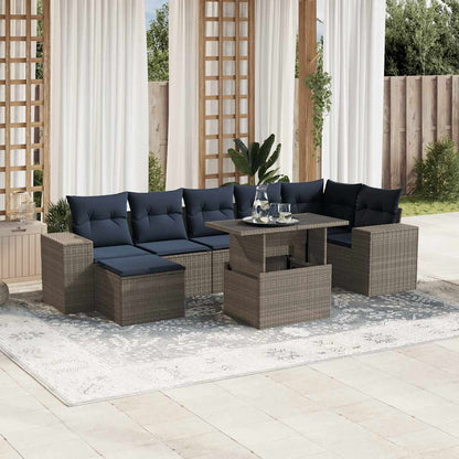 8-teiliges Gartensofa-Set mit Kissen, grau, Polyrattan