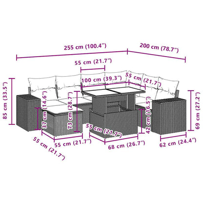 8-teiliges Gartensofa-Set mit Kissen, grau, Polyrattan