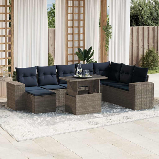 9-teiliges Gartensofa-Set mit Kissen, grau, Polyrattan
