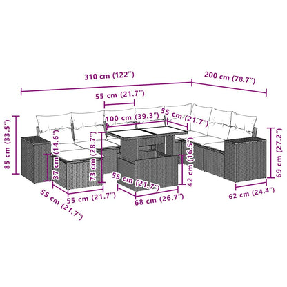 9-teiliges Gartensofa-Set mit Kissen, grau, Polyrattan