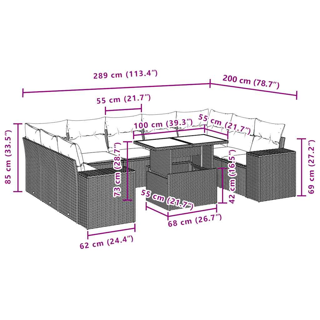 10-teiliges Gartensofa-Set mit Kissen, schwarzes Polyrattan