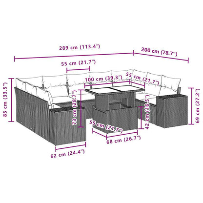 10-teiliges Gartensofa-Set mit Kissen, schwarzes Polyrattan