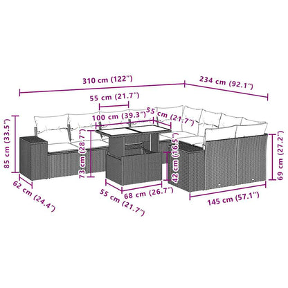 10-teiliges Gartensofa-Set mit Kissen, schwarzes Polyrattan