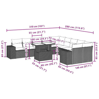 11-teiliges Gartensofa-Set mit Kissen, schwarzes Polyrattan