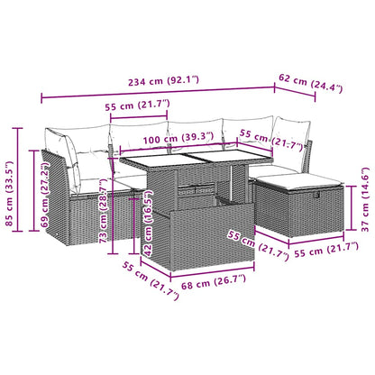 6-teiliges Gartensofa-Set mit Kissen, schwarzes Polyrattan