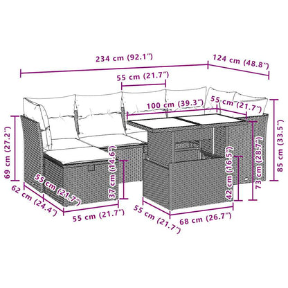 7-teiliges Gartensofa-Set mit Kissen, schwarzes Polyrattan