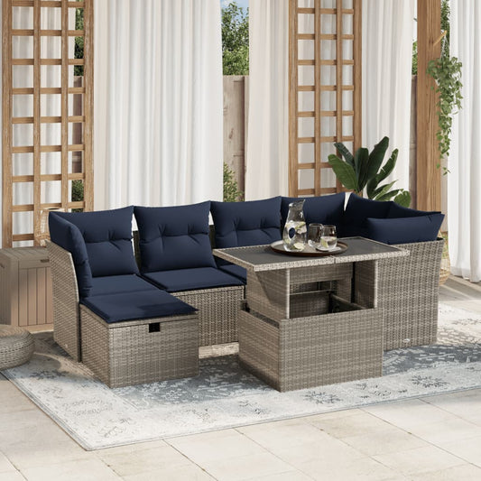7-teiliges Gartensofa-Set mit Kissen, grau, Polyrattan