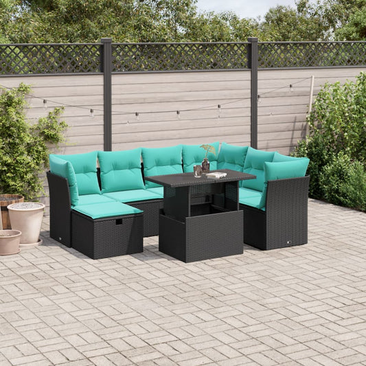 8-teiliges Gartensofa-Set mit Kissen, schwarzes Polyrattan