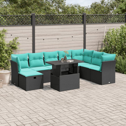 9-teiliges Gartensofa-Set mit Kissen, schwarzes Polyrattan