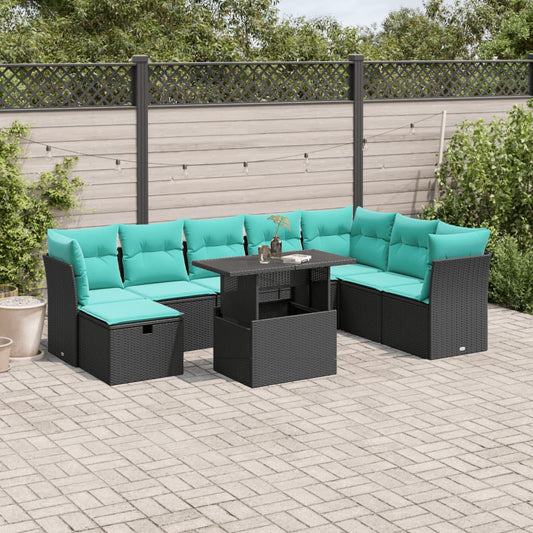 9-teiliges Gartensofa-Set mit Kissen, schwarzes Polyrattan