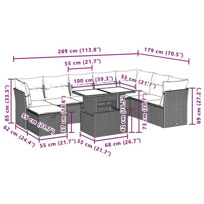 9-teiliges Gartensofa-Set mit Kissen, grau, Polyrattan