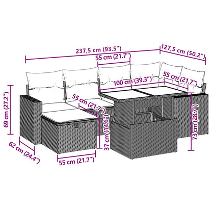 7-teiliges Gartensofa-Set mit Kissen, schwarzes Polyrattan