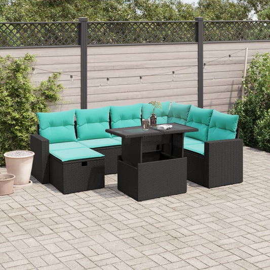 8-teiliges Gartensofa-Set mit Kissen, schwarzes Polyrattan