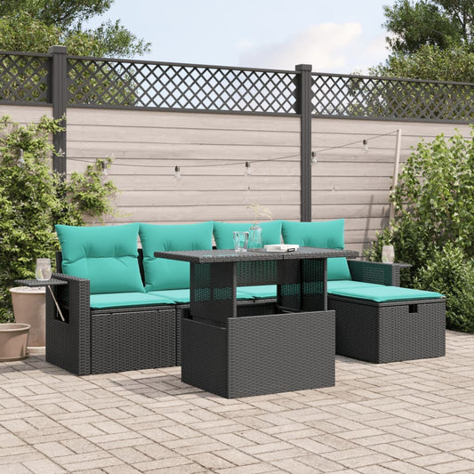 6-teiliges Gartensofa-Set mit Kissen, schwarzes Polyrattan