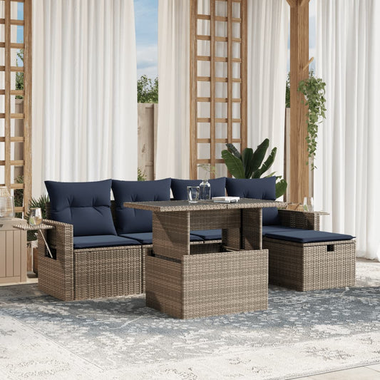 6-teiliges Gartensofa-Set mit Kissen, grau, Polyrattan