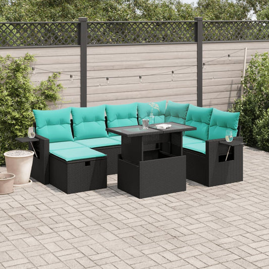 8-teiliges Gartensofa-Set mit Kissen, schwarzes Polyrattan