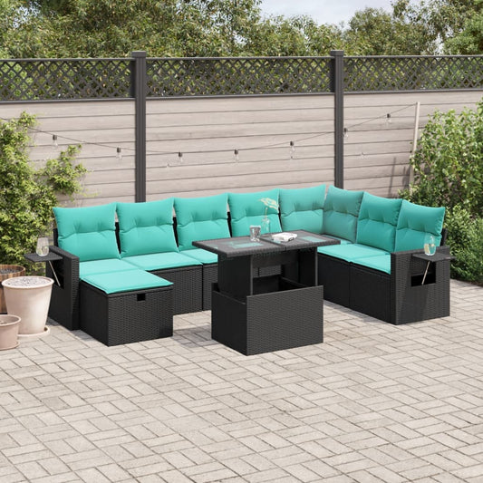 9-teiliges Gartensofa-Set mit Kissen, schwarzes Polyrattan