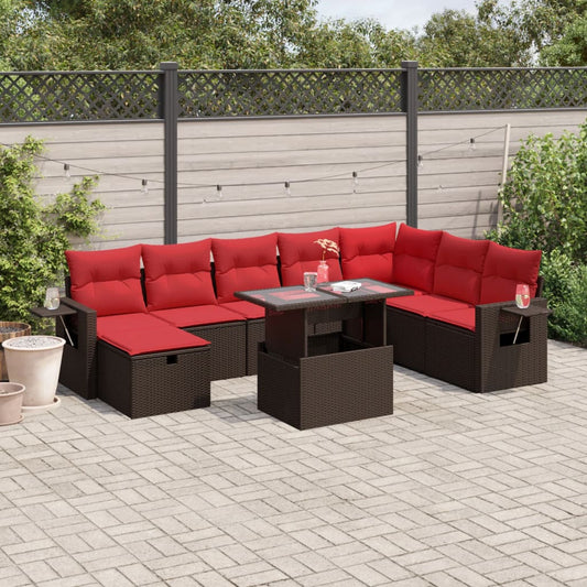 9-teiliges Gartensofa-Set mit Kissen, braun, Polyrattan