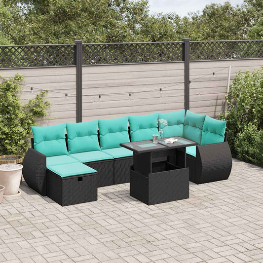 8-teiliges Gartensofa-Set mit Kissen, schwarzes Polyrattan