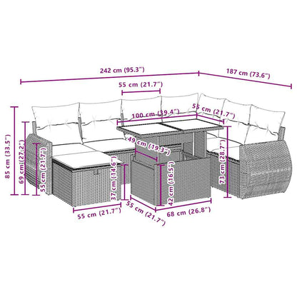8-teiliges Gartensofa-Set mit Kissen, grau, Polyrattan