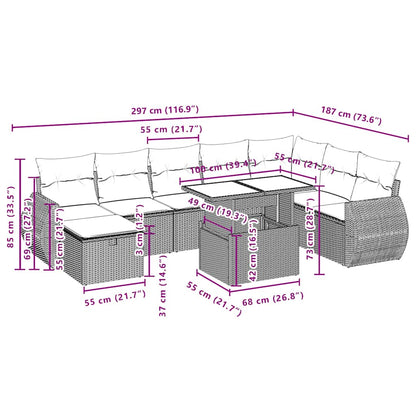 9-teiliges Gartensofa-Set mit Kissen, schwarzes Polyrattan