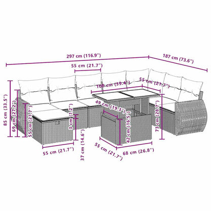 9-teiliges Gartensofa-Set mit Kissen, grau, Polyrattan