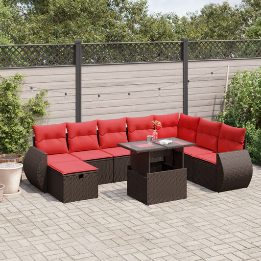 9-teiliges Gartensofa-Set mit Kissen, braun, Polyrattan