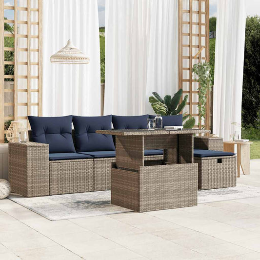 6-teiliges Gartensofa-Set mit Kissen, grau, Polyrattan