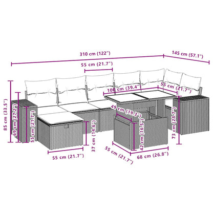 8-teiliges Gartensofa-Set mit Kissen, schwarzes Polyrattan