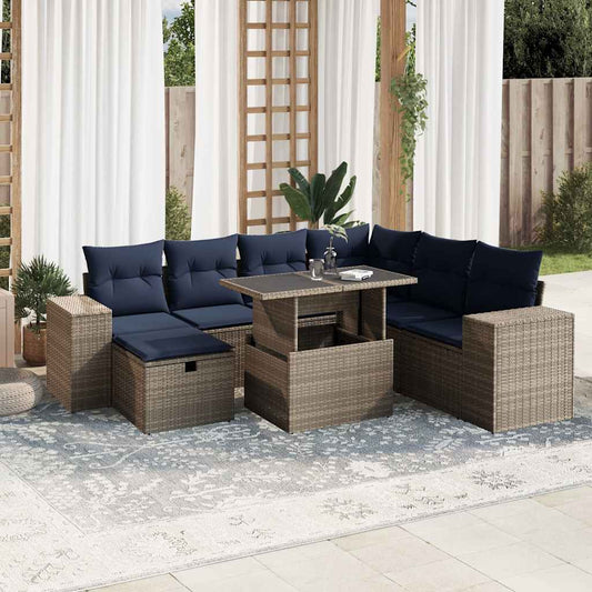8-teiliges Gartensofa-Set mit Kissen, grau, Polyrattan