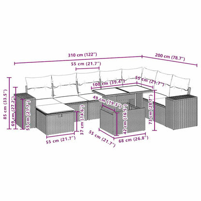 9-teiliges Gartensofa-Set mit Kissen, grau, Polyrattan