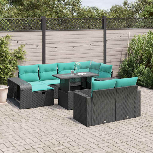 11-teiliges Gartensofa-Set mit Kissen, schwarzes Polyrattan