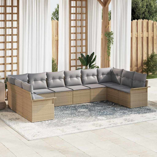 10-teiliges Garten Sofa Set mit Kissen Beige Poly Rattan