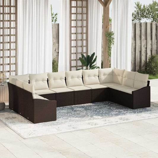 10-teiliges Garten Sofa Set mit Kissen Braun Poly Rattan