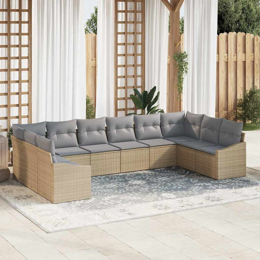 10-teiliges Garten Sofa Set mit Kissen Beige Poly Rattan