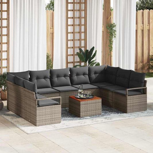 10-teilige Garten-Sofa-Garnitur mit Kissen in Grau aus Poly-Rattan