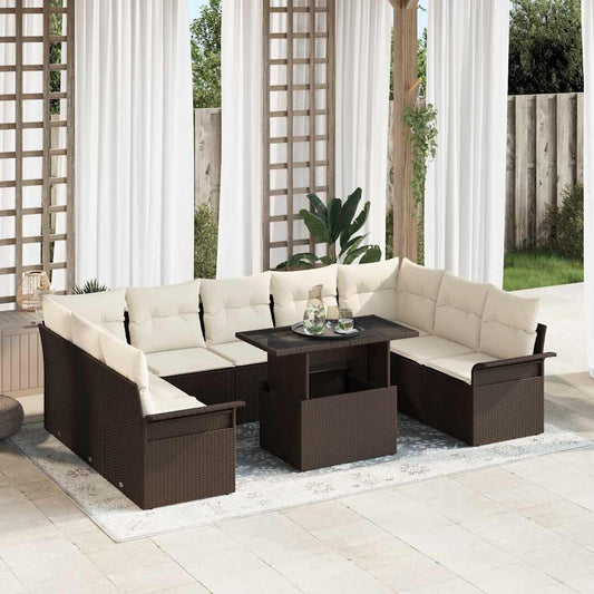 10-teiliges Garten Sofa Set mit Kissen Braun Poly Rattan