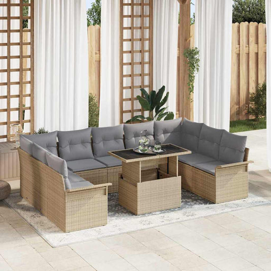 10-teiliges Garten Sofa Set mit Kissen Beige Poly Rattan