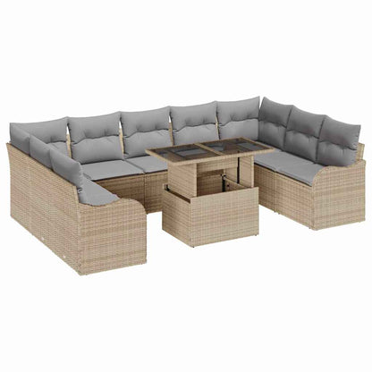 10-teilige Garten Sofa Set mit Kissen Beige Poly Rattan