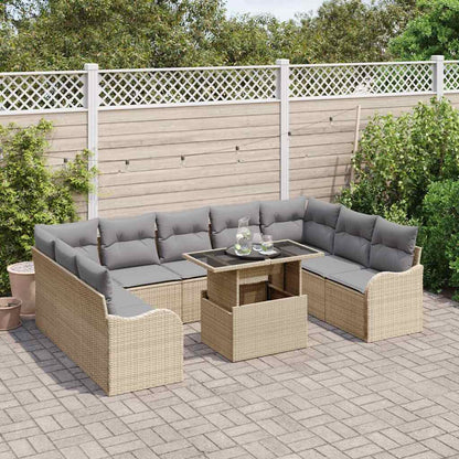 10-teilige Garten Sofa Set mit Kissen Beige Poly Rattan