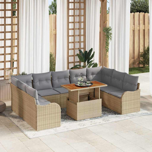 10-teiliges Garten Sofa Set mit Kissen Beige Poly Rattan