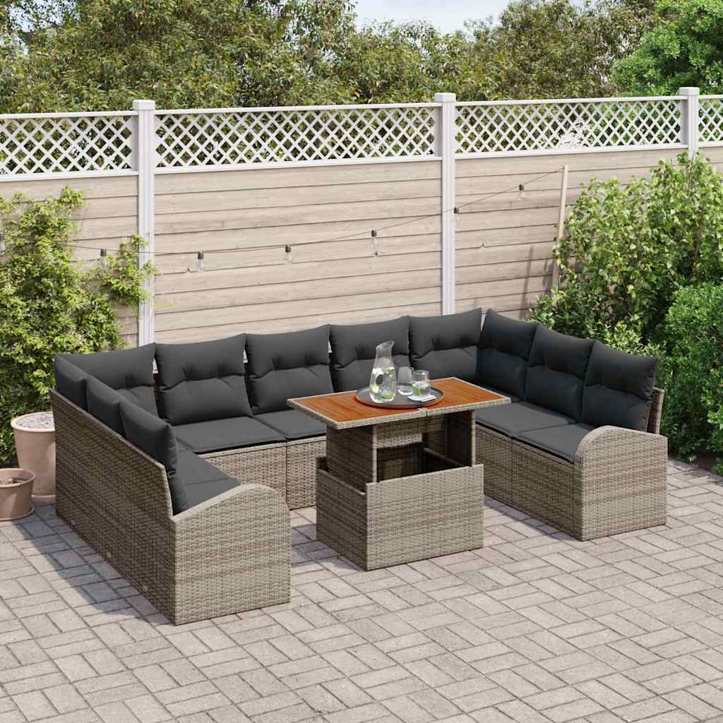 10-teilige Garten Sofa Set mit Kissen Grau Poly Rattan