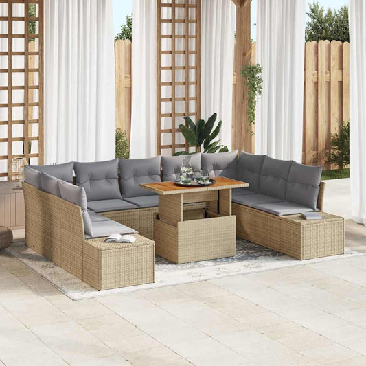 10-teiliges Garten Sofa Set mit Kissen Beige Poly Rattan