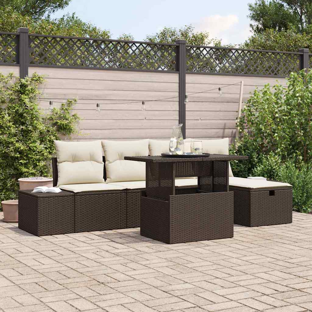 6-teiliges Garten-Sofa-Set Braun aus Poly-Ratten mit Kissen