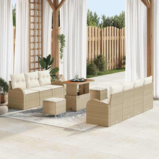10-teiliges Garten Sofa Set mit Kissen Beige Poly Rattan Akazie