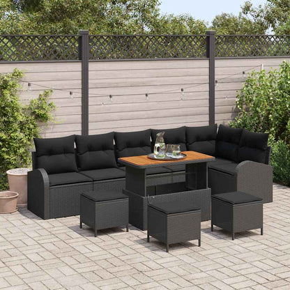 10 Teile Garten Sofa Set mit Kissen Schwarz Poly Rattan Akazie